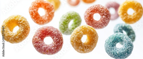 Colorful sugar-coated ring candies floating against a bright white background, playful and whimsical
