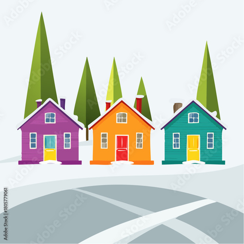 A cartoon illustration of a colorful village with mountains in the background
2