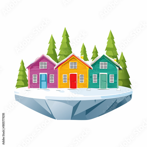A cartoon illustration of a colorful village with mountains in the background
1