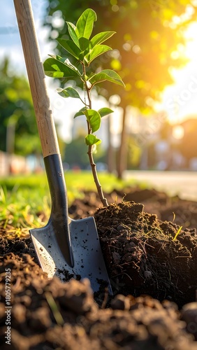 A young tree is being planted with a shovel in the soil, with sunlight filtering through the leaves