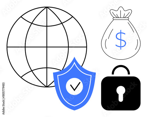Globe, shield with checkmark, lock, and money bag illustrate worldwide security, online transactions, privacy, financial protection, internet safety global trade and trust. Clean flat metaphor