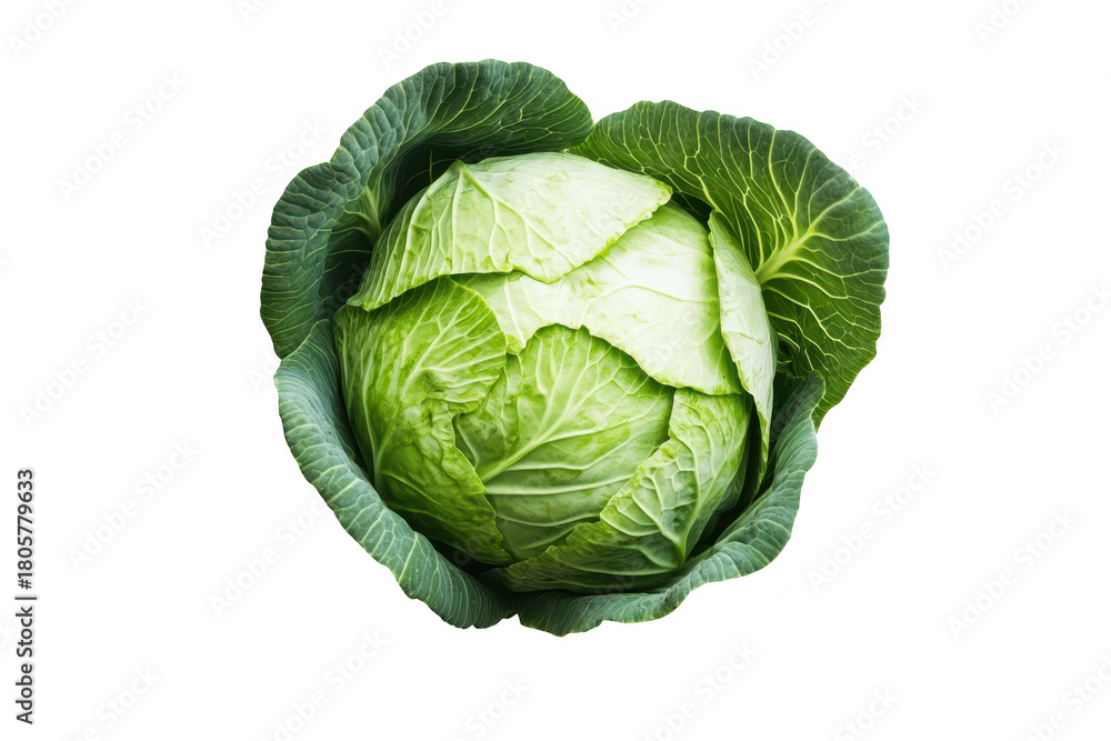 Obraz premium Fresh green cabbage with tightly packed leaves. placed on a clean white background. its color and texture. ideal for culinary and health-related content