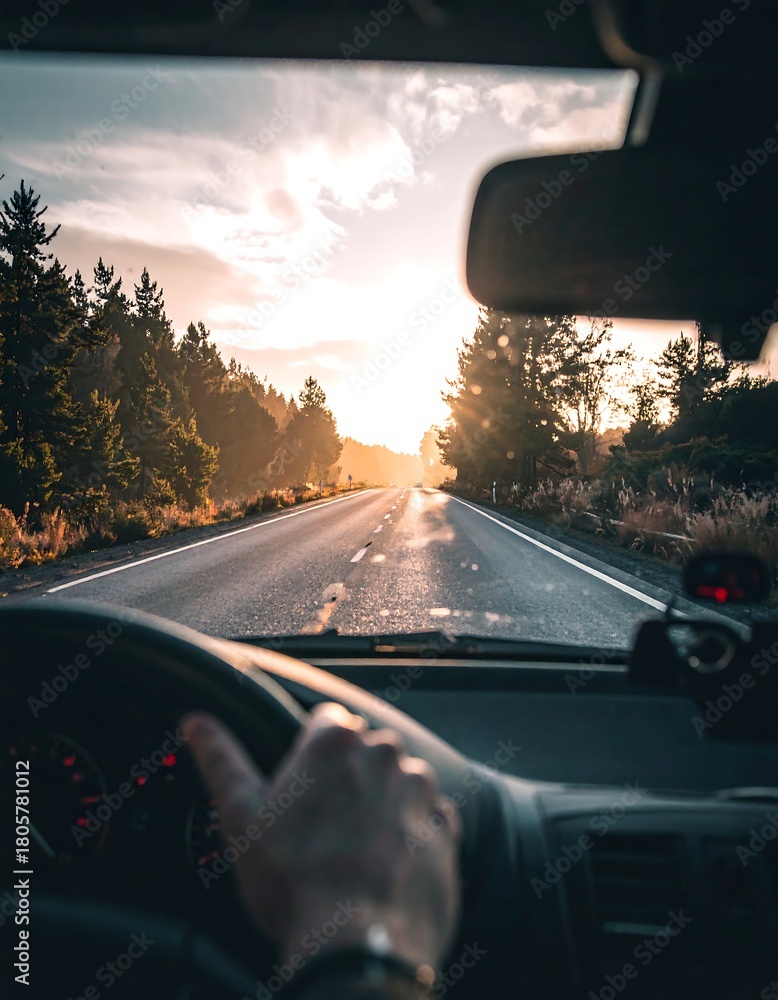 Fototapeta premium View from the driver's seat on a road with trees