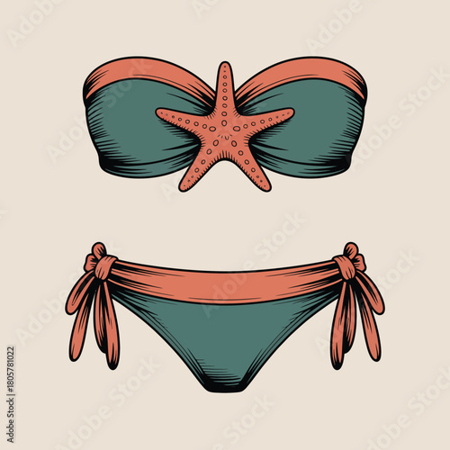 Hand drawn bikini with starfish accent and bow details