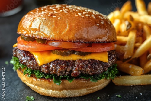 Juicy cheeseburger with melted cheddar, beef patty, tomato, pickles and leafy lettuce on a glossy sesame bun served with golden crispy fries, appetizing and savory
