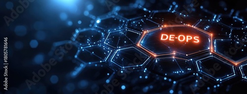 Futuristic glowing hexagonal network of connected circuitry, blue neon mesh with an orange highlighted hexagon bearing a bright label, tense high-tech mood