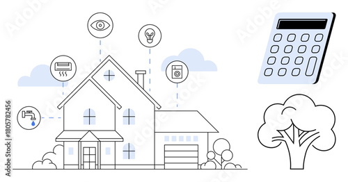 Modern house with smart automation icons for heating, lighting, security, and appliances. Calculator and tree represent energy monitoring and sustainability. Ideal for technology, innovation