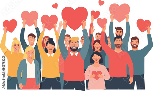Diverse group holding red hearts overhead sharing love and support, expressing unity and compassion, ideal for charity and community campaigns