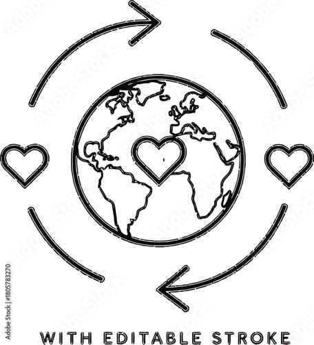 Show the world some love with this line drawing of a heart inside the Earth, arrows & hearts circling, perfect for global charities and environmental causes