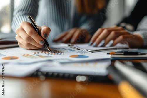 Close-up of two people analyzing colorful charts and graphs on documents with a pen, conveying focused collaborative analysis and teamwork