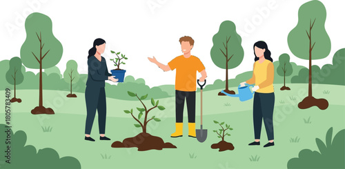Team planting trees for a greener future, fostering environmental responsibility and sustainable growth with collaborative spirit outdoors in nature