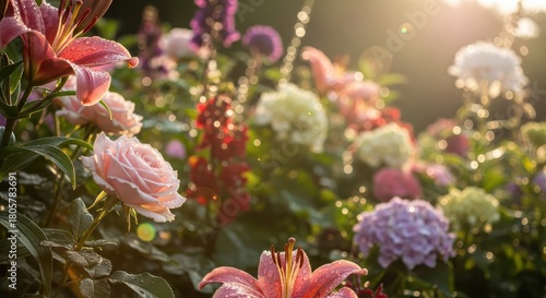 Wallpaper Mural Vibrant garden blossoms are illuminated by bright sunlight filtering through morning dew Torontodigital.ca
