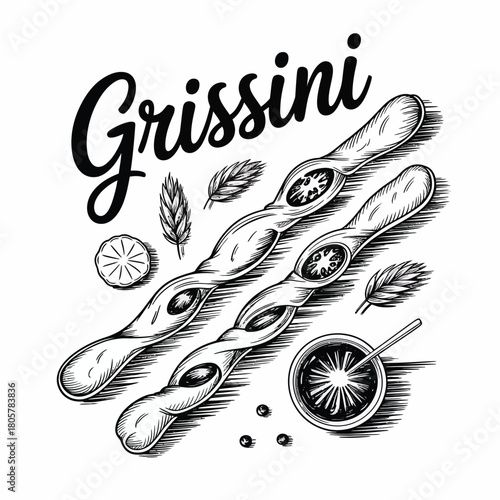Hand drawn grissini breadsticks with herbs and lemon slice