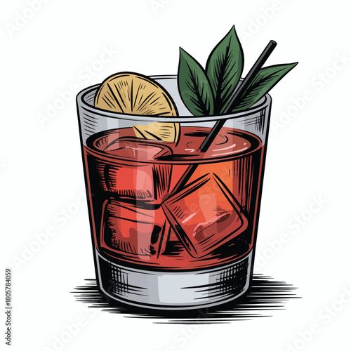 Refreshing hand drawn cocktail with lime and mint garnish