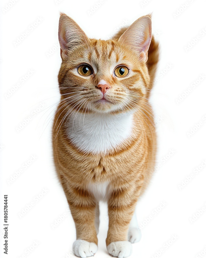 Obraz premium orange tabby cat standing facing camera with white chest and paws, upright ears and tail, curious attentive posture