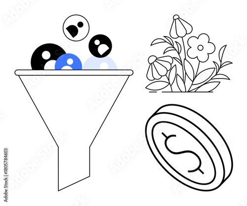Funnel filtering inputs into desired outputs, flourishing flowers symbolizing organic growth, and a coin representing revenue. Ideal for growth strategy, business process, marketing, optimization