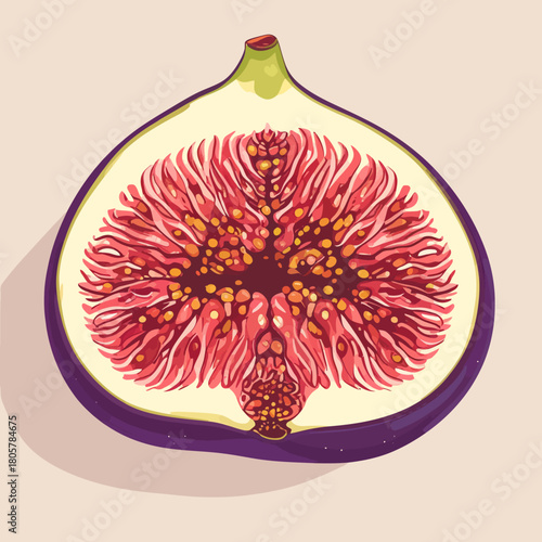 Freshly sliced fig fruit reveals intricate details of its interior structure.