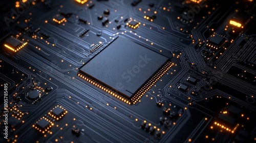 close-up of a dark circuit board with a central microchip and glowing orange indicator lights, sleek high-tech futuristic mood