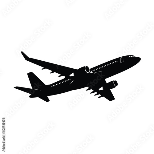 Silhouette of a modern passenger airplane in flight against a white background
