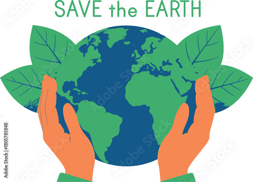Protect our planet and embrace sustainability with hands holding the Earth, surrounded by leaves and a message of global conservation and environmental care