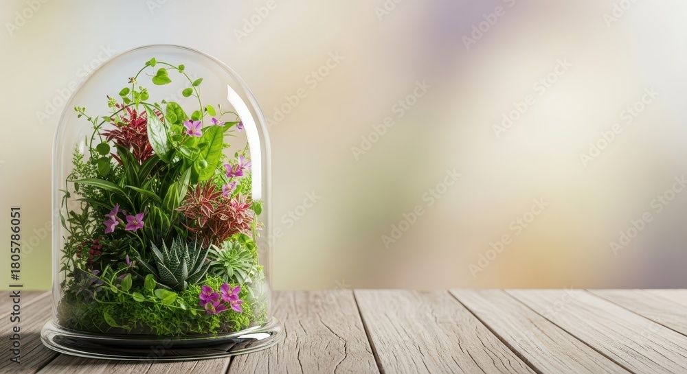 Fototapeta premium Miniature garden ecosystem flourishes under clear glass bell jar resting on wooden surface