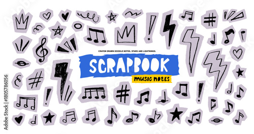 Scrapbook collage doodle scribble music notes. Doodle punk crayon drawn collage elements.