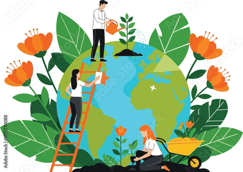 Let's nurture our planet together planting trees and adding stars of hope for a greener future, fostering sustainability and global community spirit