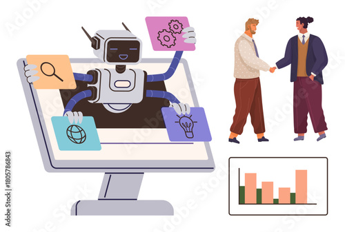 Robot emerging from screen presenting ideas, technology, and global concepts. Two individuals shaking hands symbolize teamwork and collaboration. Graph emphasizes data-driven decision-making. Ideal
