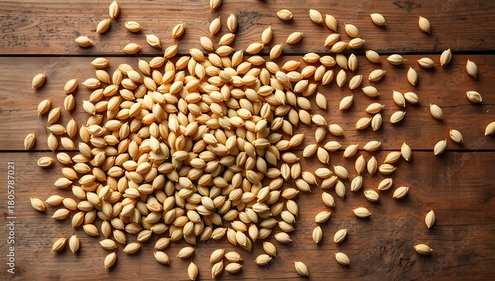 Obraz premium a top down view of wheat grains scattered on a wooden surface creating a natural and simple texture