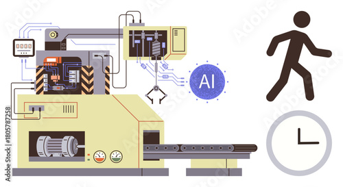 Robotic arm and conveyor system with AI processing and human elements for innovative production. Ideal for automation, industry, technology, innovation, time management, artificial intelligence