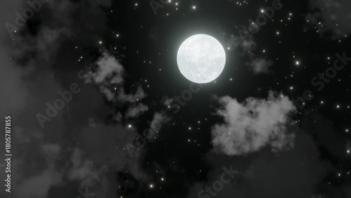 A full moon shines brightly in a dark, cloudy night sky filled with numerous sparkling stars.