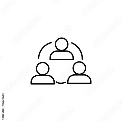 Minimal group collaboration line icon showing three people connected in a circle. Perfect for teamwork, communication, community, partnership, brainstorming, workflow, and business strategy designs.