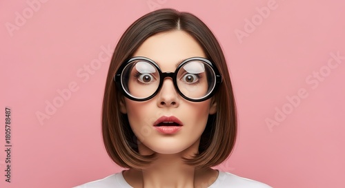 Surprised woman with big round glasses looking at the camera against a pink studio background shot