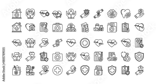 Health care icon set collection. Containing mental, organ, nursing, beat, charity, lab, personal .Line vector icons collection