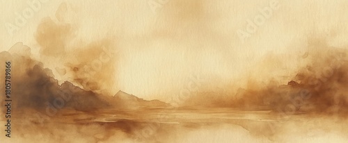 misty sepia watercolor landscape of distant hills and calm reflective water with soft clouds and warm textured sky, tranquil melancholic atmosphere