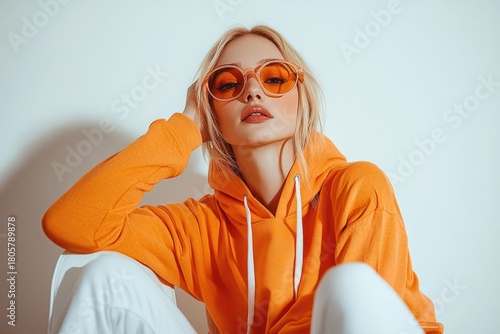 person in bright orange hoodie and white pants sitting against a white wall, hand resting on head, relaxed and contemplative casual pose