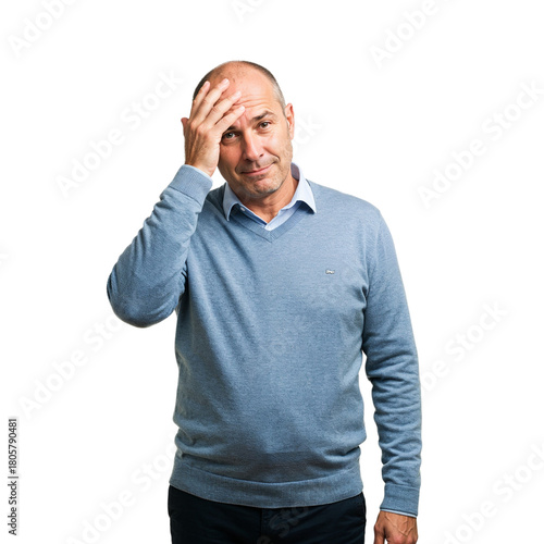 Man expressing frustration with hand on forehead in studio lighting isolated on transparent background