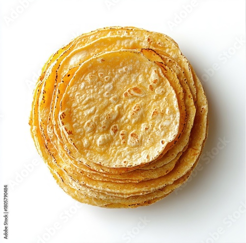 stack of warm golden corn tortillas with light char marks on a white background, inviting and comforting