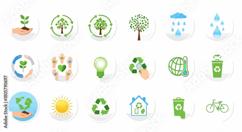 Embrace eco-friendly living with this collection of vibrant sustainability icons representing recycling, green energy, and environmental awareness for a brighter future