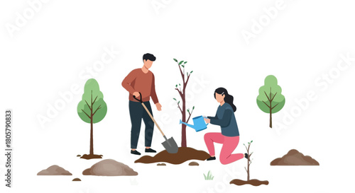 Couple planting trees together, nurturing new growth and a sustainable future, perfect for eco-friendly campaigns and environmental awareness initiatives
