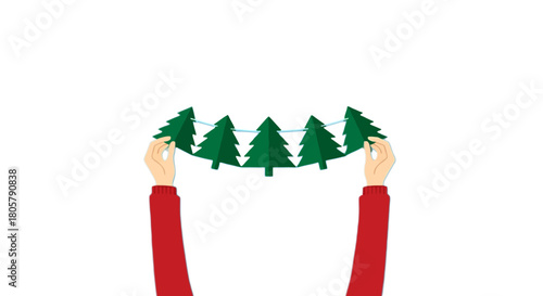 Joyful holiday spirit with festive Christmas tree garland held by hands, perfect for seasonal greetings, winter celebrations, and crafting projects