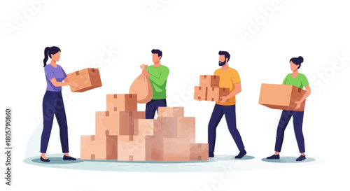 Teamwork at its finest moving boxes, a smooth relocation or delivery process with energetic people lifting boxes with care and efficiency for a successful project