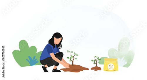 Empowering future generations planting trees, a woman connecting with nature, nurturing growth, fostering environmental stewardship, promoting sustainability