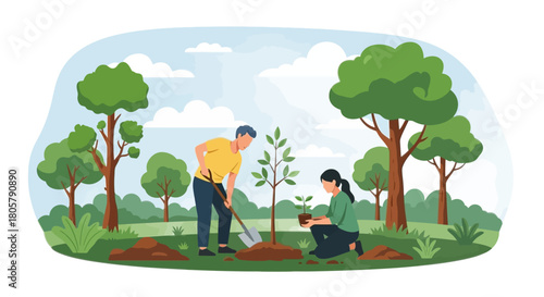 Enthusiastic community planting trees in park, nurturing nature and cultivating a greener future, symbolizing environmental care and conservation efforts
