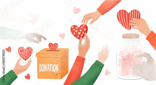 Diverse hands unite in a gesture of love, offering hearts to donation box and jar, symbolizing charity, support, and peace, fostering hope and community spirit