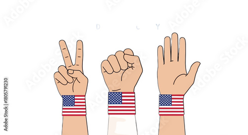 Celebrate USA Independence Day with patriotic spirit hands making peace, fist, and open palm gestures, symbolizing freedom and unity for festive designs