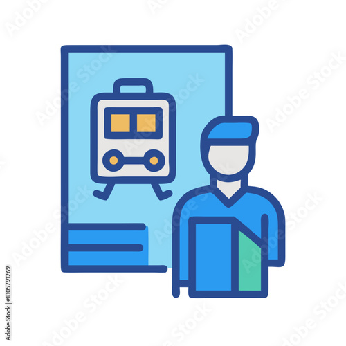 Station worker standing beside light rail train information display