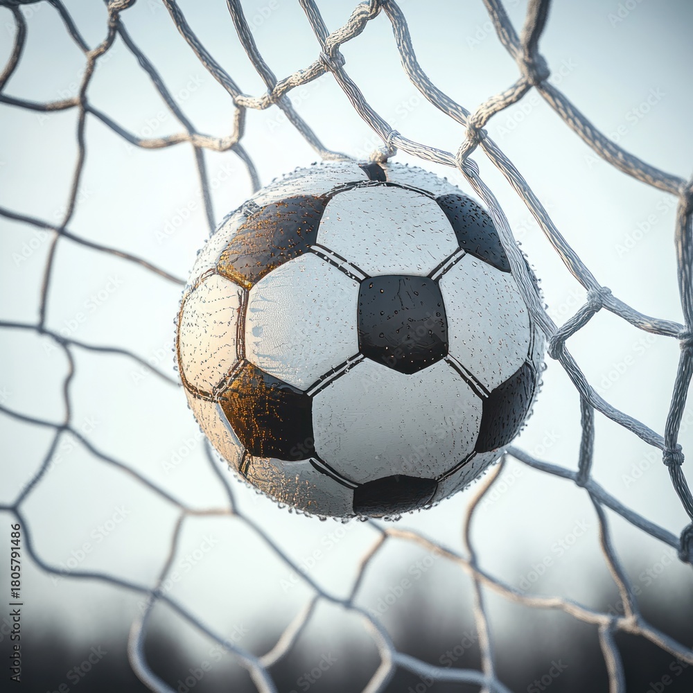 Naklejka premium Classic black and white soccer ball wedged in goal net with water droplets, close-up capturing triumphant scoring moment