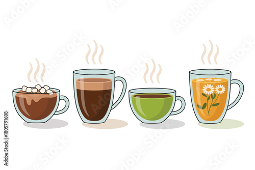 Four steaming cups of hot beverages in clear glass mugs