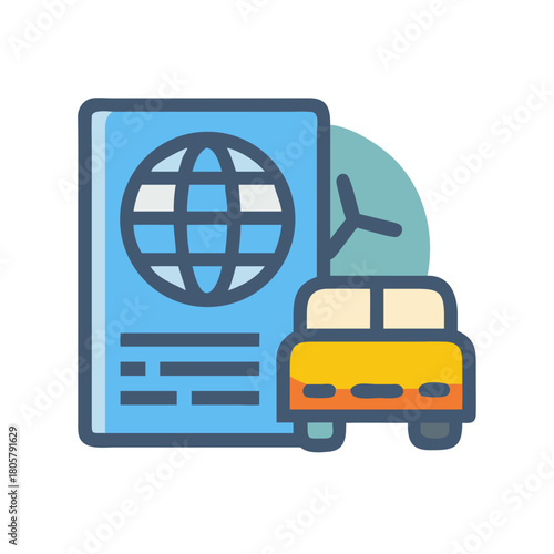Travel essentials icon: passport, taxi, and sustainable tourism